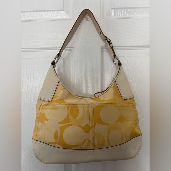 Vintage COACH HOBO SHOULDER BAG PURSE YELLOW WHITE F13336 SPRING SUMMER - Picture 7 of 13